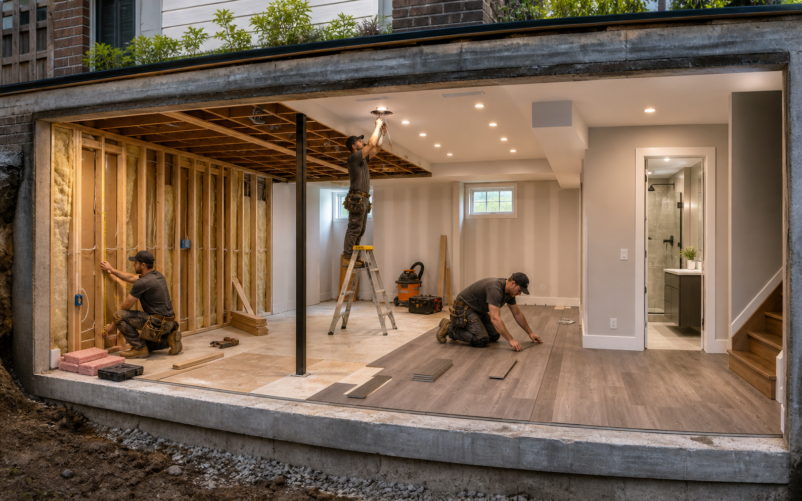 Architectural cutaway showing framing, lighting, flooring and finishing work during a basement renovation