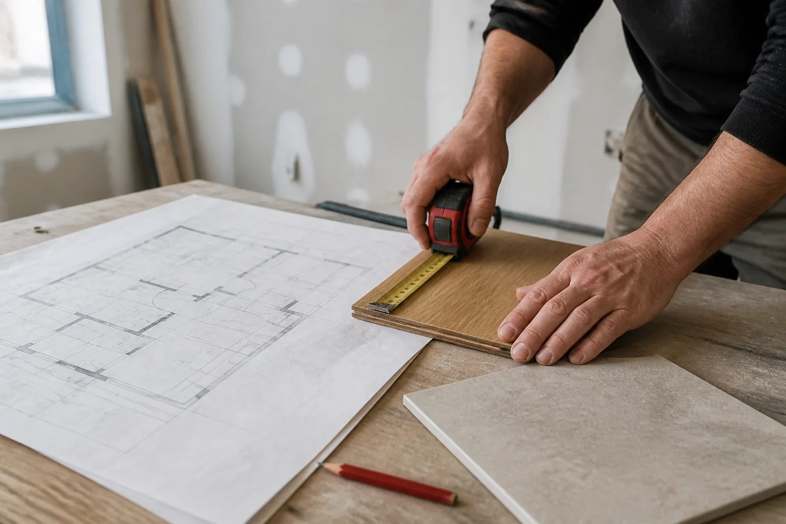 Contractor measuring a flooring sample over renovation plans