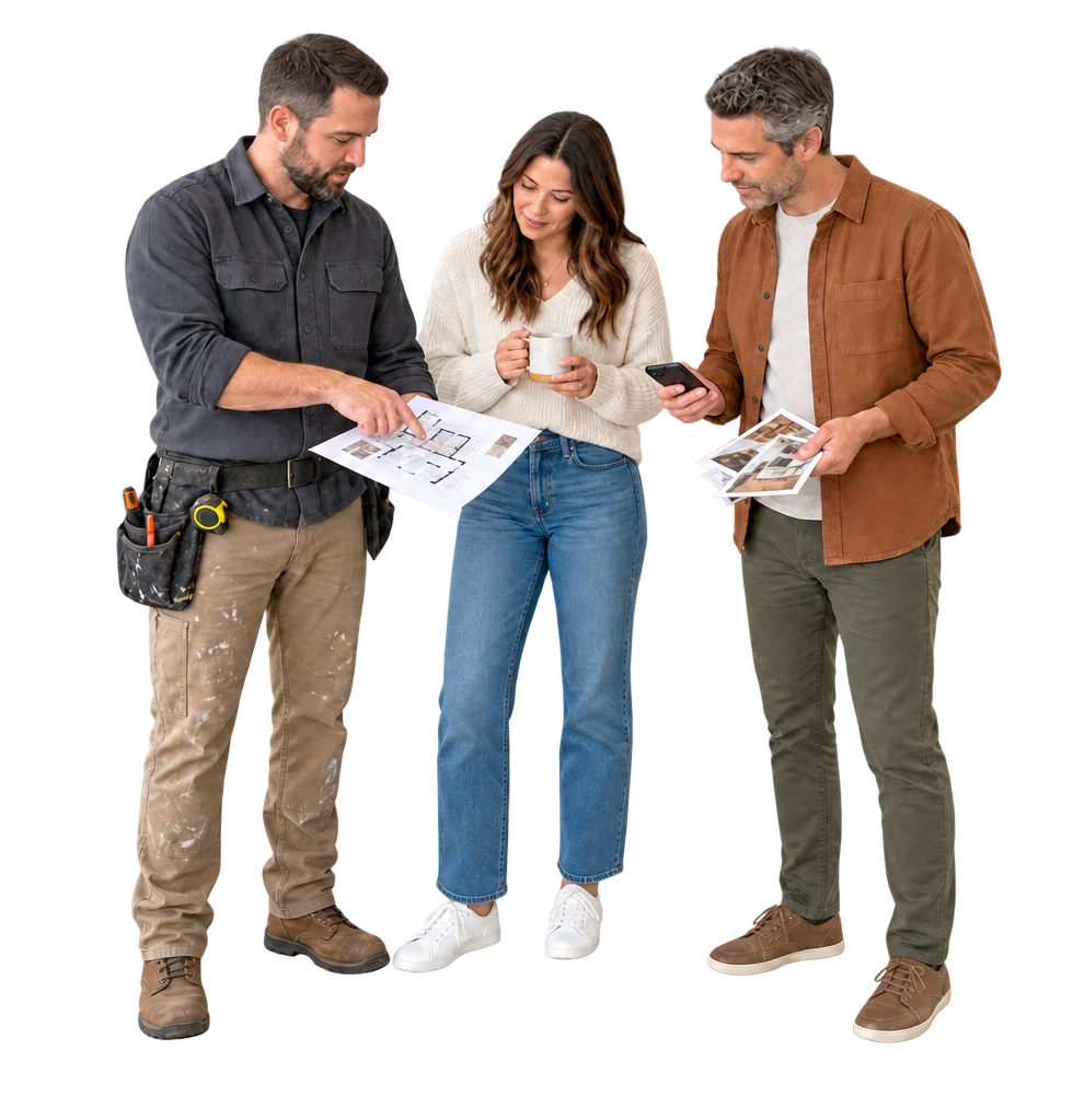Homeowners reviewing renovation photos and plans with a contractor